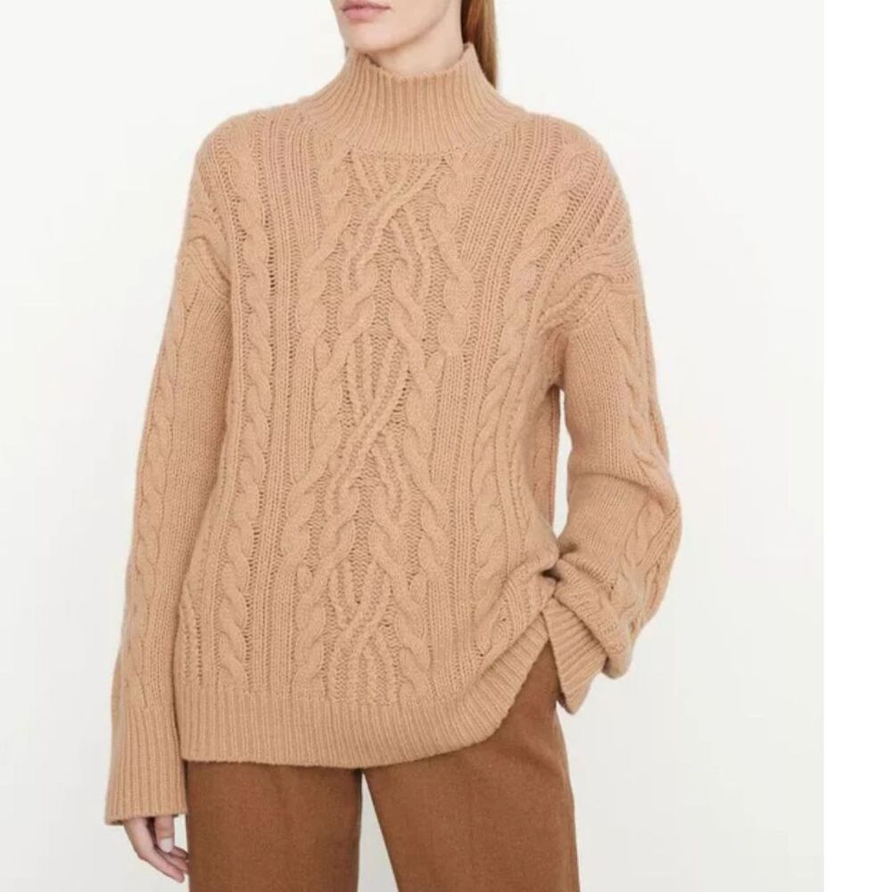 $595 Vince Wool Cashmere Cable Knit Turtleneck Sweater Neutral XS